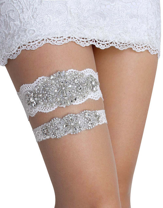 GARGALA Wedding Garters for Bride with Non-Slip Silicone, Lace Bridal Garter Set with Clear Rhinestones Crystal Pearl (Silver White)