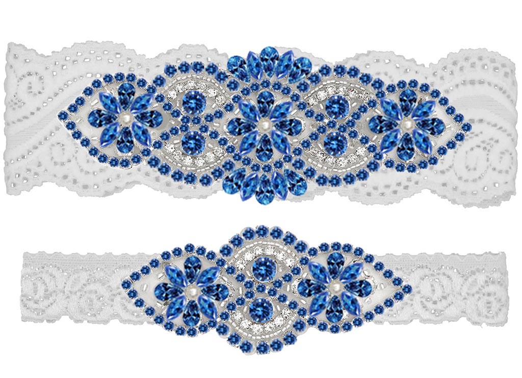 GARGALA Wedding Garters for Bride with Non-Slip Silicone, Lace Bridal Garter Set with Clear Rhinestones Crystal Pearl(Blue White)