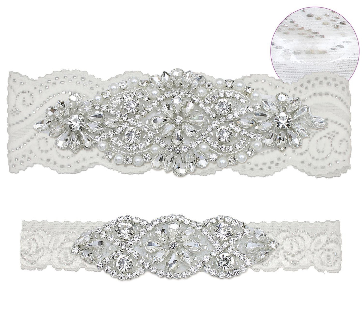 GARGALA Wedding Garters for Bride with Non-Slip Silicone, Lace Bridal Garter Set with Clear Rhinestones Crystal Pearl (Silver White)