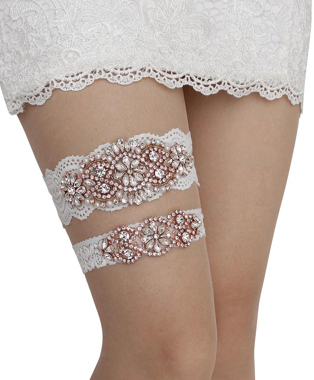 GARGALA Wedding Garters for Bride with Non-Slip Silicone, Lace Bridal Garter Set with Clear Rhinestones Crystal Pearl(Rose Gold White)