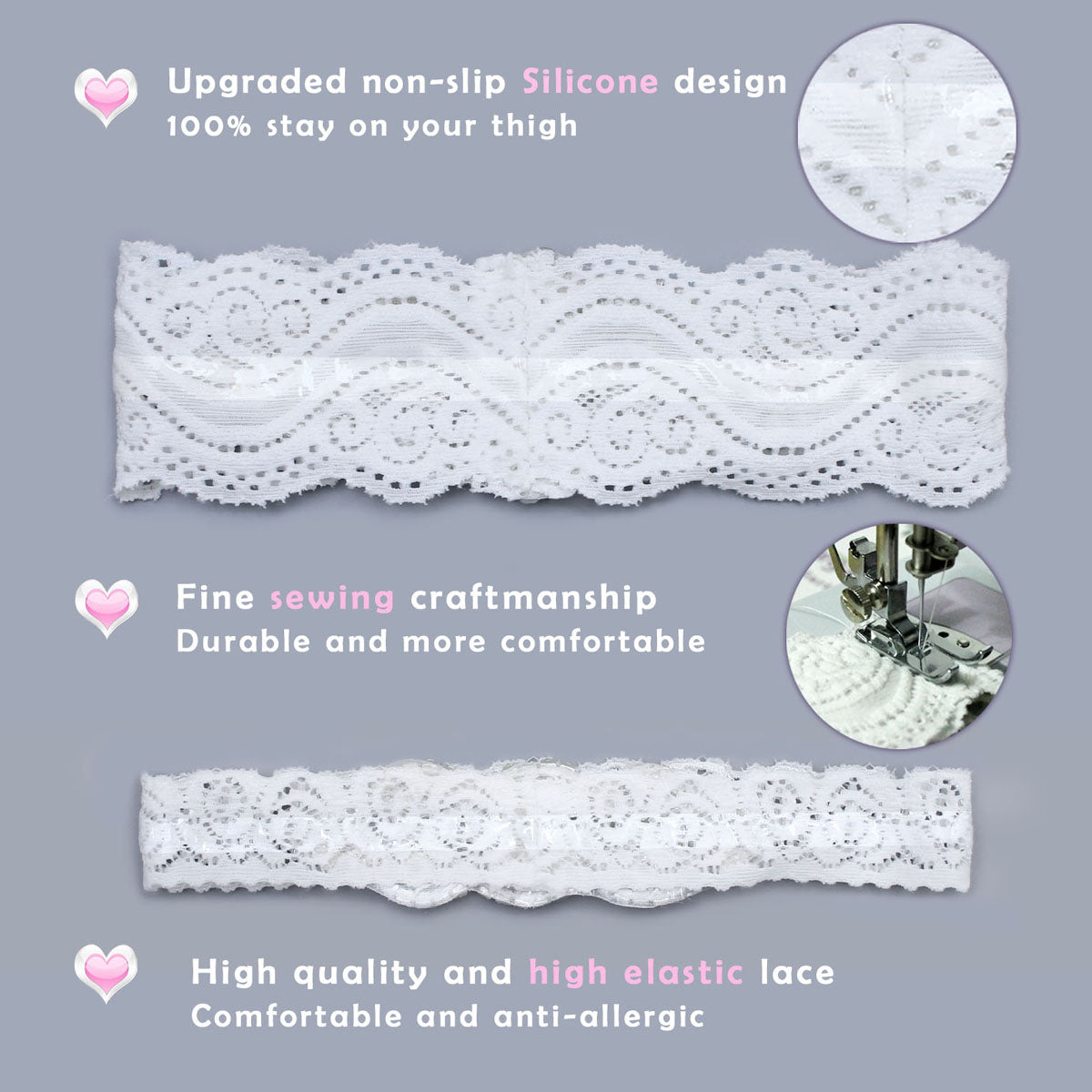 GARGALA Wedding Garters for Bride with Non-Slip Silicone, Lace Bridal Garter Set with Clear Rhinestones Crystal Pearl (Silver White)