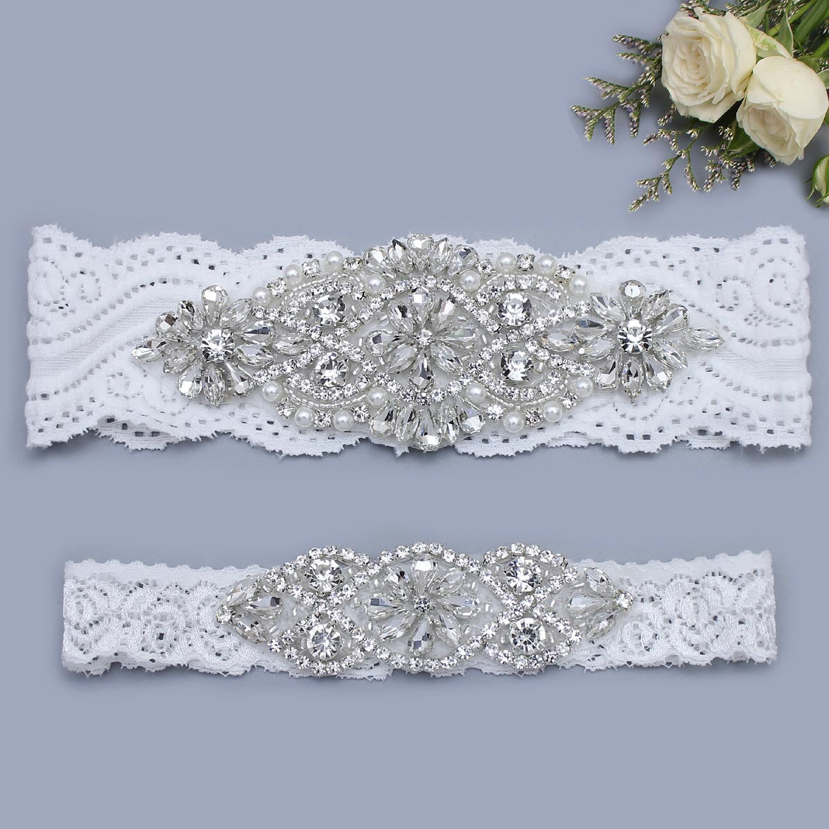 GARGALA Wedding Garters for Bride with Non-Slip Silicone, Lace Bridal Garter Set with Clear Rhinestones Crystal Pearl (Silver White)