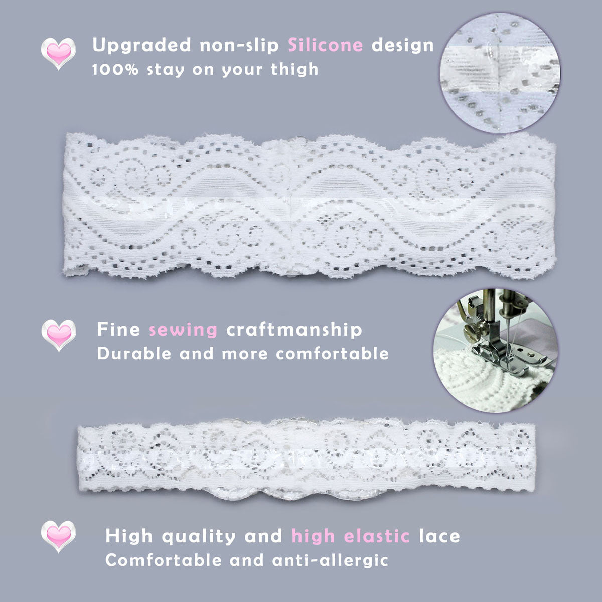 GARGALA Wedding Garters for Bride with Non-Slip Silicone, Lace Bridal Garter Set with Clear Rhinestones Crystal Pearl(Rose Gold White)