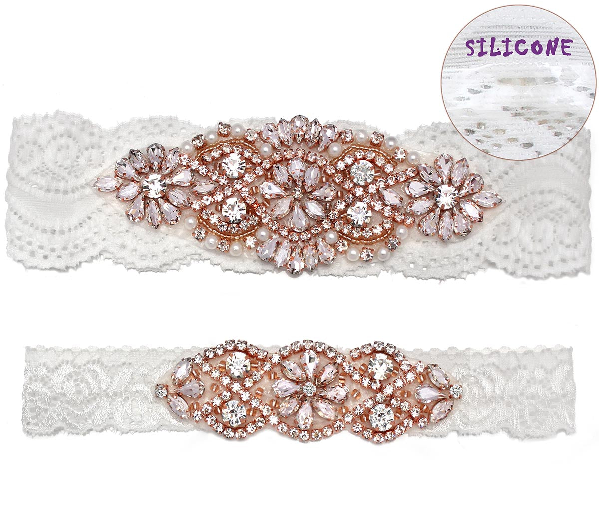 GARGALA Wedding Garters for Bride with Non-Slip Silicone, Lace Bridal Garter Set with Clear Rhinestones Crystal Pearl(Rose Gold White)