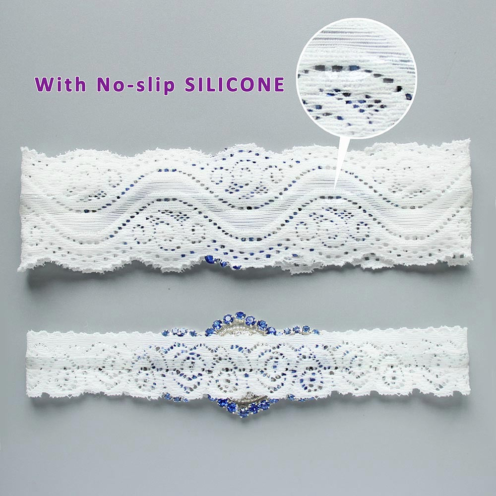 GARGALA Wedding Garters for Bride with Non-Slip Silicone, Lace Bridal Garter Set with Clear Rhinestones Crystal Pearl(Blue White)
