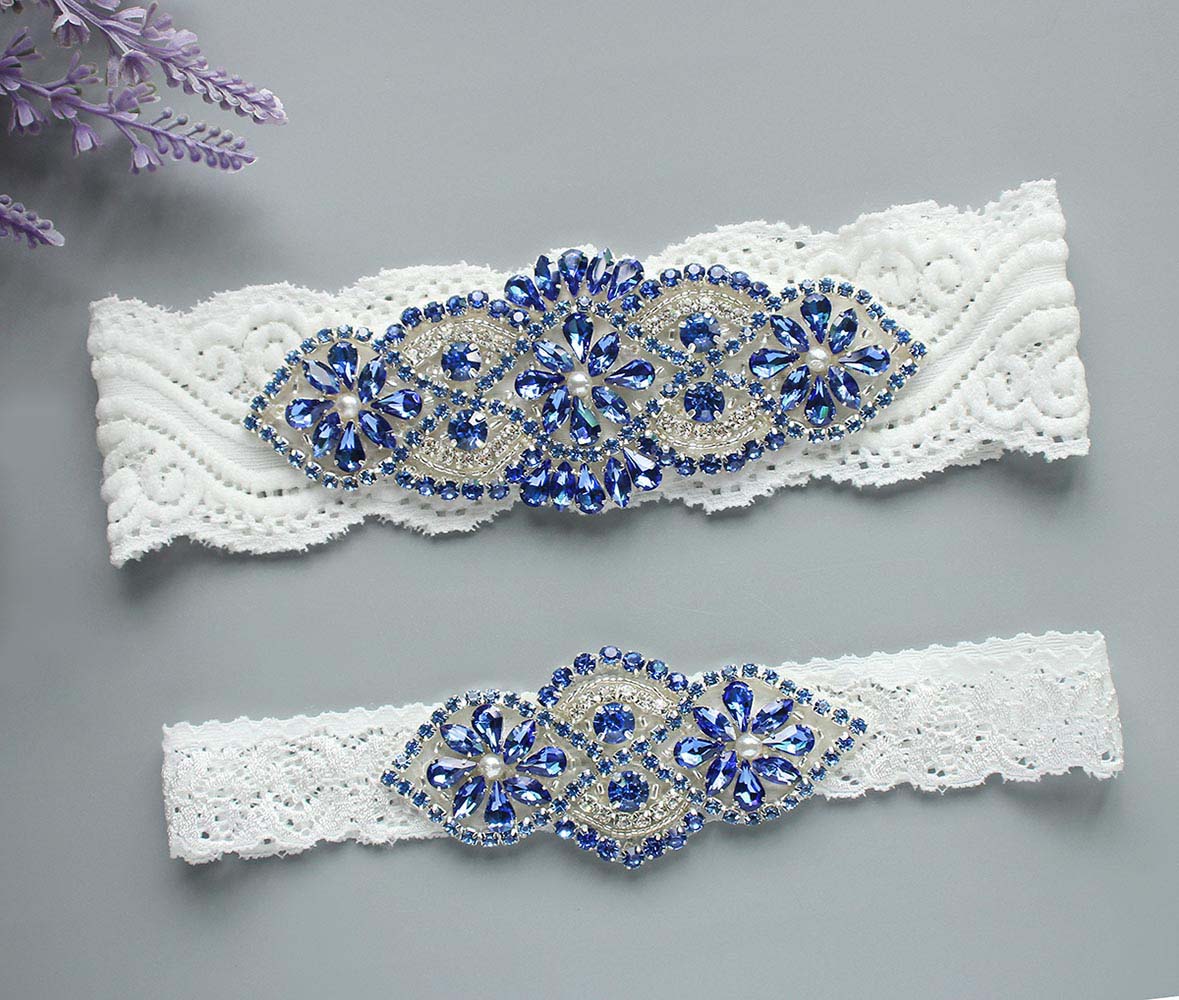 GARGALA Wedding Garters for Bride with Non-Slip Silicone, Lace Bridal Garter Set with Clear Rhinestones Crystal Pearl(Blue White)