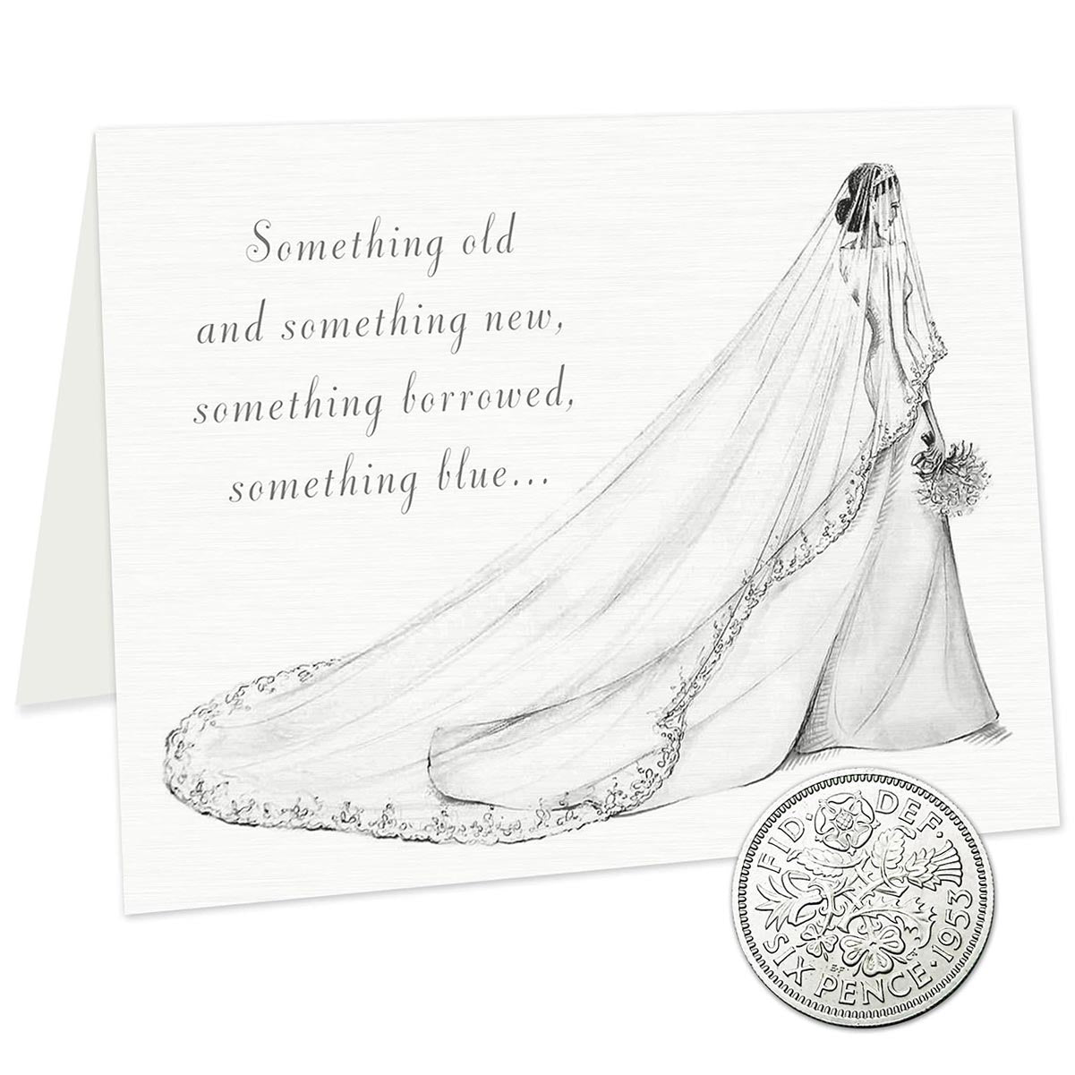 Old Sixpence Coin wedding and Card for Bride, Something Old, Something New Something Borrowed Something Blue and a Sixpence for Her Shoe (1953)