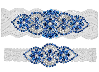 GARGALA Wedding Garters for Bride with Non-Slip Silicone, Lace Bridal Garter Set with Clear Rhinestones Crystal Pearl（Blue White）