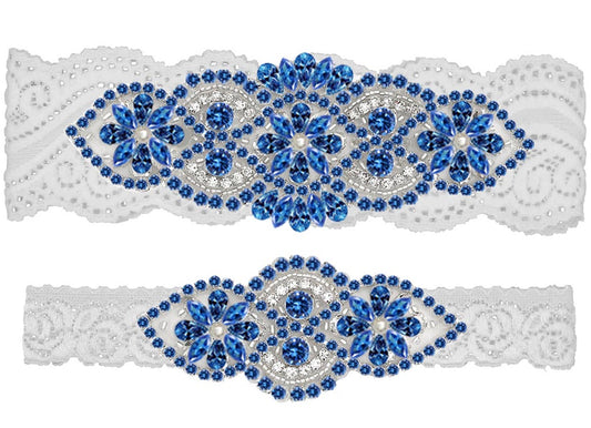 GARGALA Wedding Garters for Bride with Non-Slip Silicone, Lace Bridal Garter Set with Clear Rhinestones Crystal Pearl（Blue White）