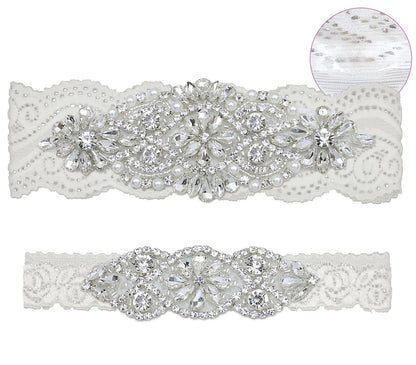 GARGALA Wedding Garters for Bride with Non-Slip Silicone, Lace Bridal Garter Set with Clear Rhinestones Crystal Pearl (Silver White)