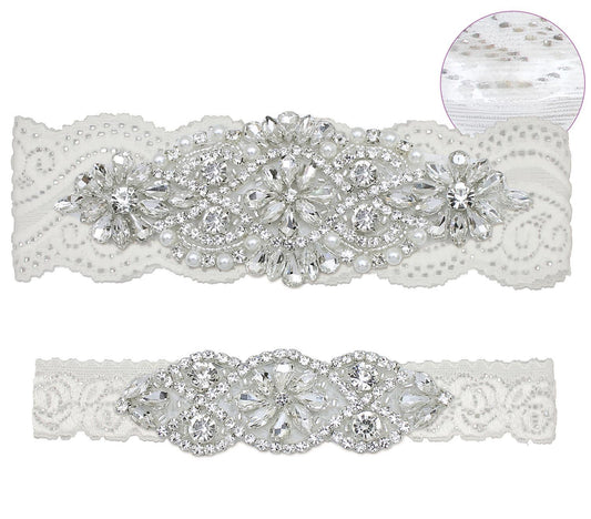 GARGALA Wedding Garters for Bride with Non-Slip Silicone, Lace Bridal Garter Set with Clear Rhinestones Crystal Pearl (Silver White)