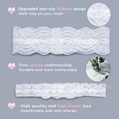 GARGALA Wedding Garters for Bride with Non-Slip Silicone, Lace Bridal Garter Set with Clear Rhinestones Crystal Pearl (Silver White)