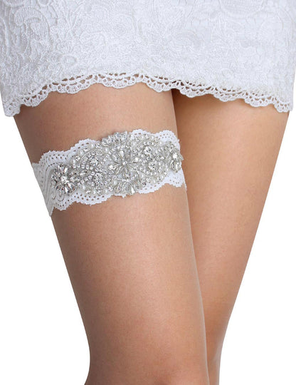 GARGALA Wedding Garters for Bride with Non-Slip Silicone, Lace Bridal Garter Set with Clear Rhinestones Crystal Pearl (Silver White)