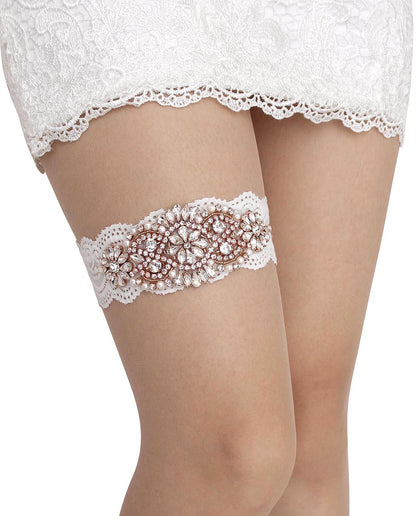 GARGALA Wedding Garters for Bride with Non-Slip Silicone, Lace Bridal Garter Set with Clear Rhinestones Crystal Pearl（Rose Gold White）