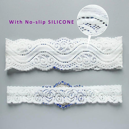 GARGALA Wedding Garters for Bride with Non-Slip Silicone, Lace Bridal Garter Set with Clear Rhinestones Crystal Pearl（Blue White）