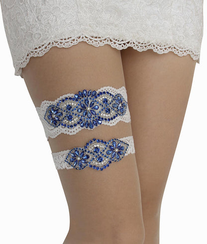 GARGALA Wedding Garters for Bride with Non-Slip Silicone, Lace Bridal Garter Set with Clear Rhinestones Crystal Pearl（Blue White）